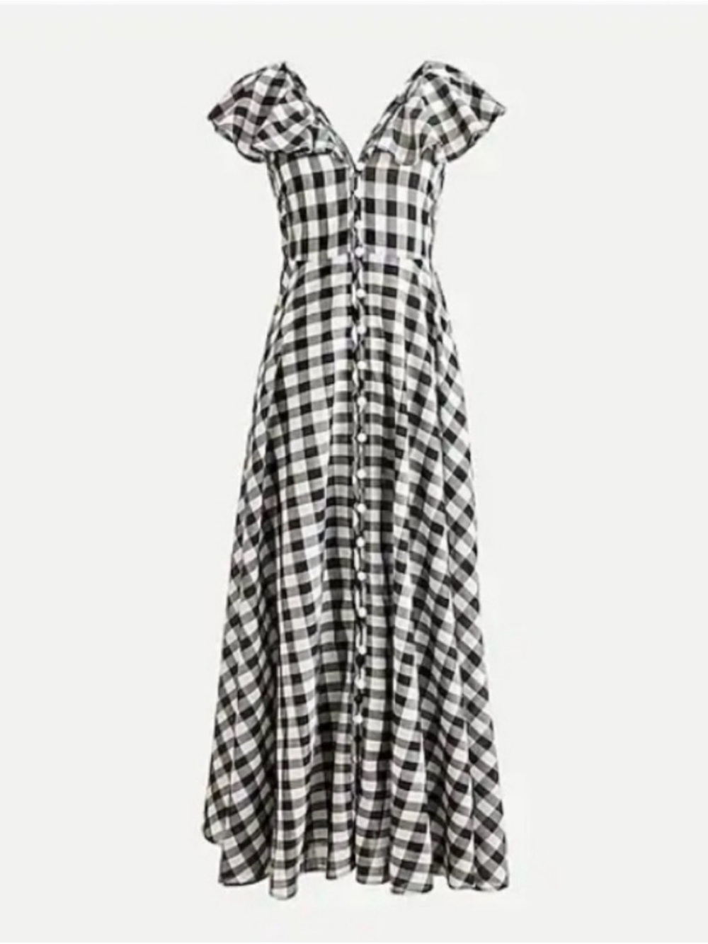 J. Crew Black and White Gingham Maxi Dress with Ruffle Shoulders